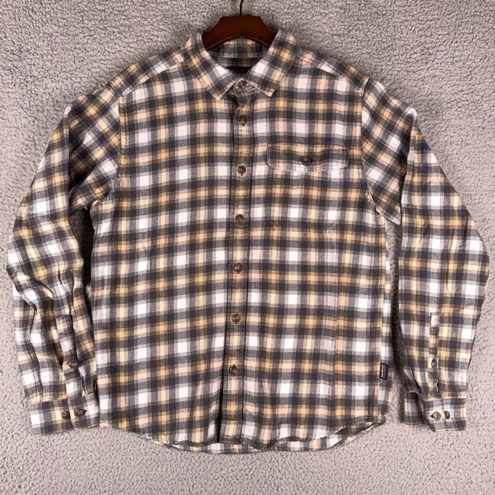 Patagonia Organic Cotton Flannel Shirt Mens Small Gray Cream Plaid Button Pocket